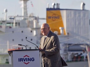 Arthur L. Irving, the second-born son of New Brunswick industrialist K.C. Irving, has died at the age of 93 after a life spent growing the oil business that his father founded. Irving, then chairman of Irving Oil, takes to the podium during the grand opening of the Halifax Harbour Terminal in Dartmouth, N.S., Thursday, Oct. 20, 2016. THE CANADIAN PRESS/stringer