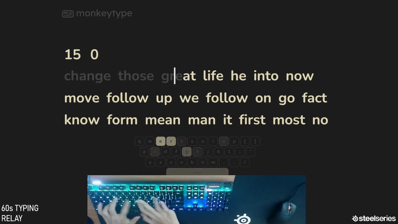 Rocket practiced his typing using a game called Monkeytype