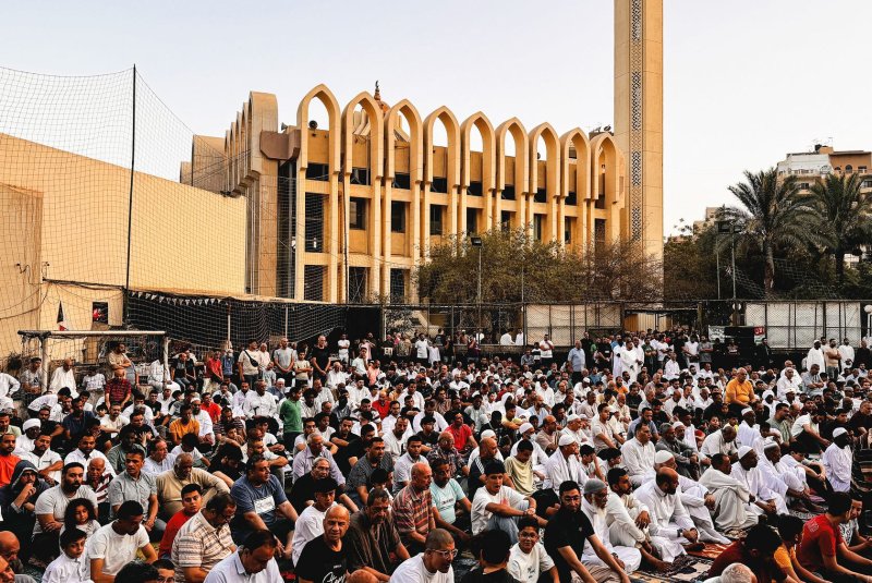 People gather around the in mosque in Cairo to perform the morning prayer on the first day of the Eid al-Adha holiday marking the end of the hajj pilgrimage to Mecca, on Sunday on June 16, 2024. At least 1,301 died on the trek this year. Photo by/UPI