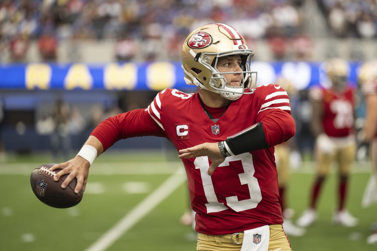 San Francisco 49ers quarterback Brock Purdy throws the ball during a 2023 game against the Rams