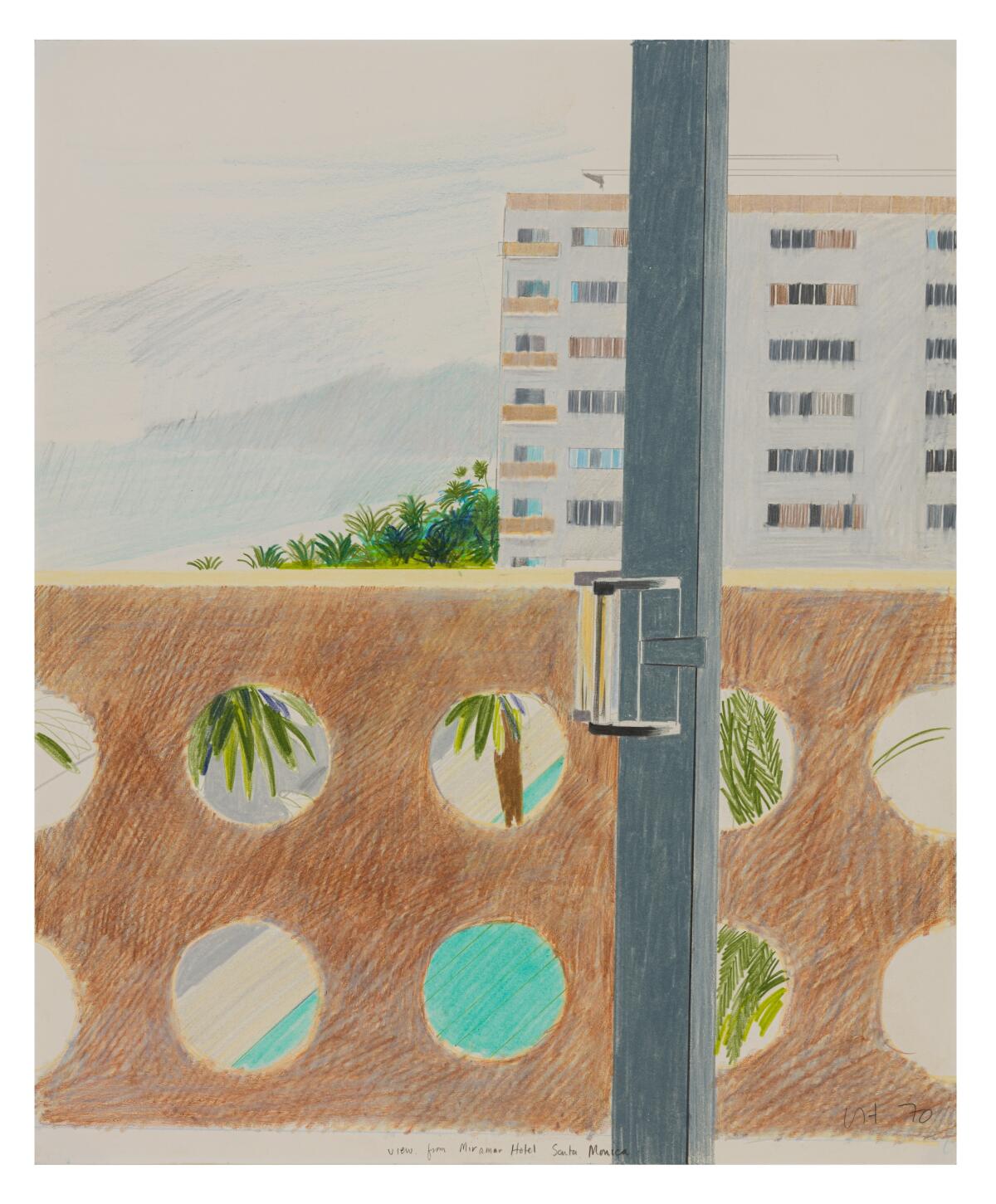 "View From Miramar Hotel, Santa Monica" by David Hockney shows a coastal view through sliding glass doors.