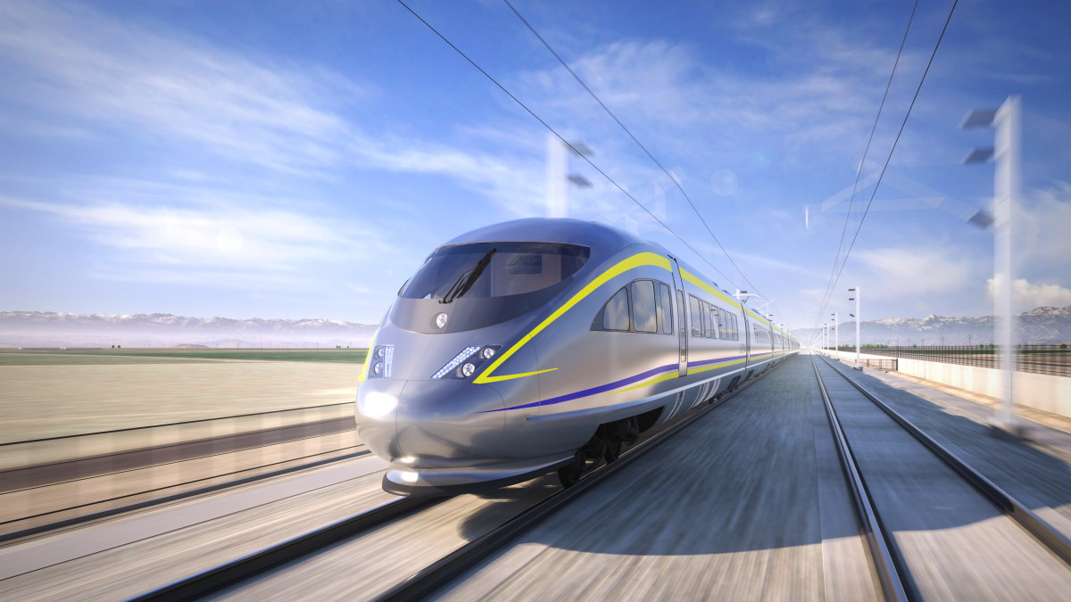 A rendering of the kind of electrified high-speed train California plans to run in the San Joaquin Valley.