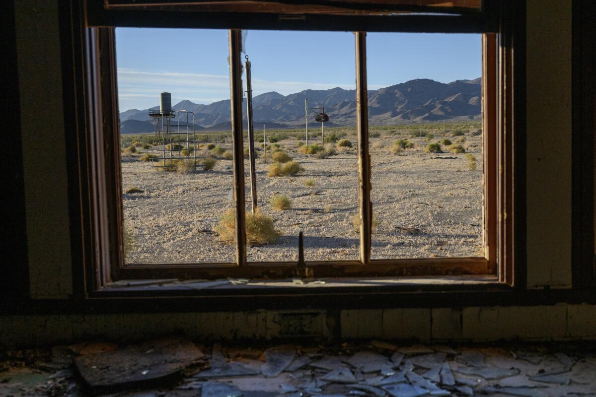 Playground equipment stands among tumbleweeds in a desert landscape, framed by a three-panel window.