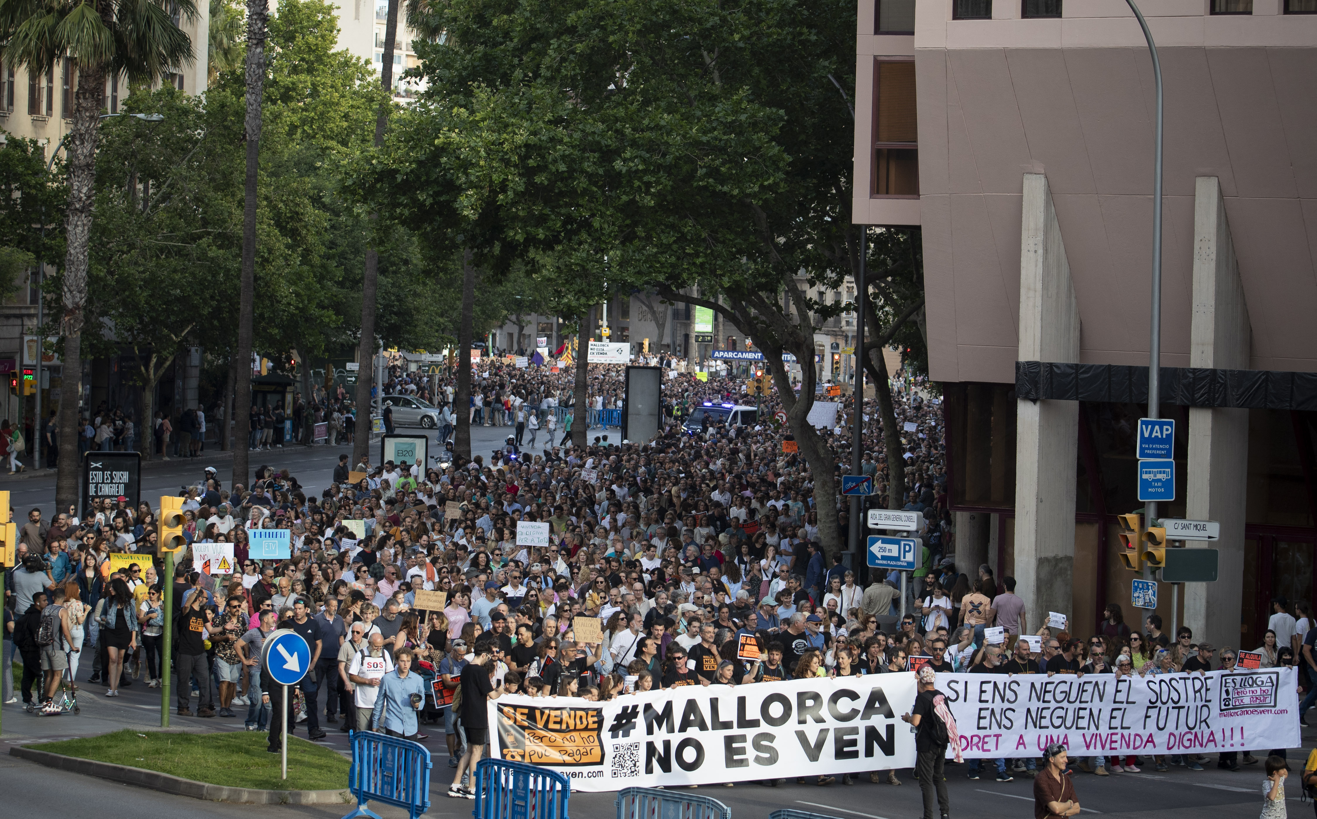 Protesters hold a banner reading “Mallorca is not for sale” during a demonstration in Palma de Mallorca