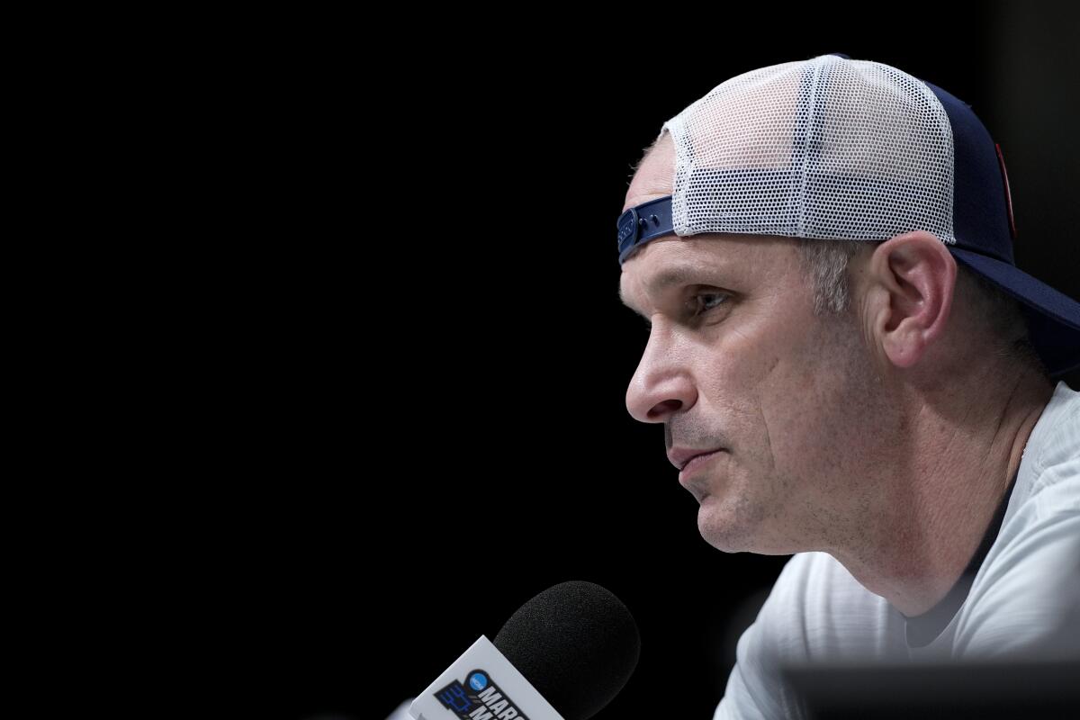 Connecticut coach Dan Hurley speaks to reporters before the Huskies' NCAA championship game against Purdue on April 7.