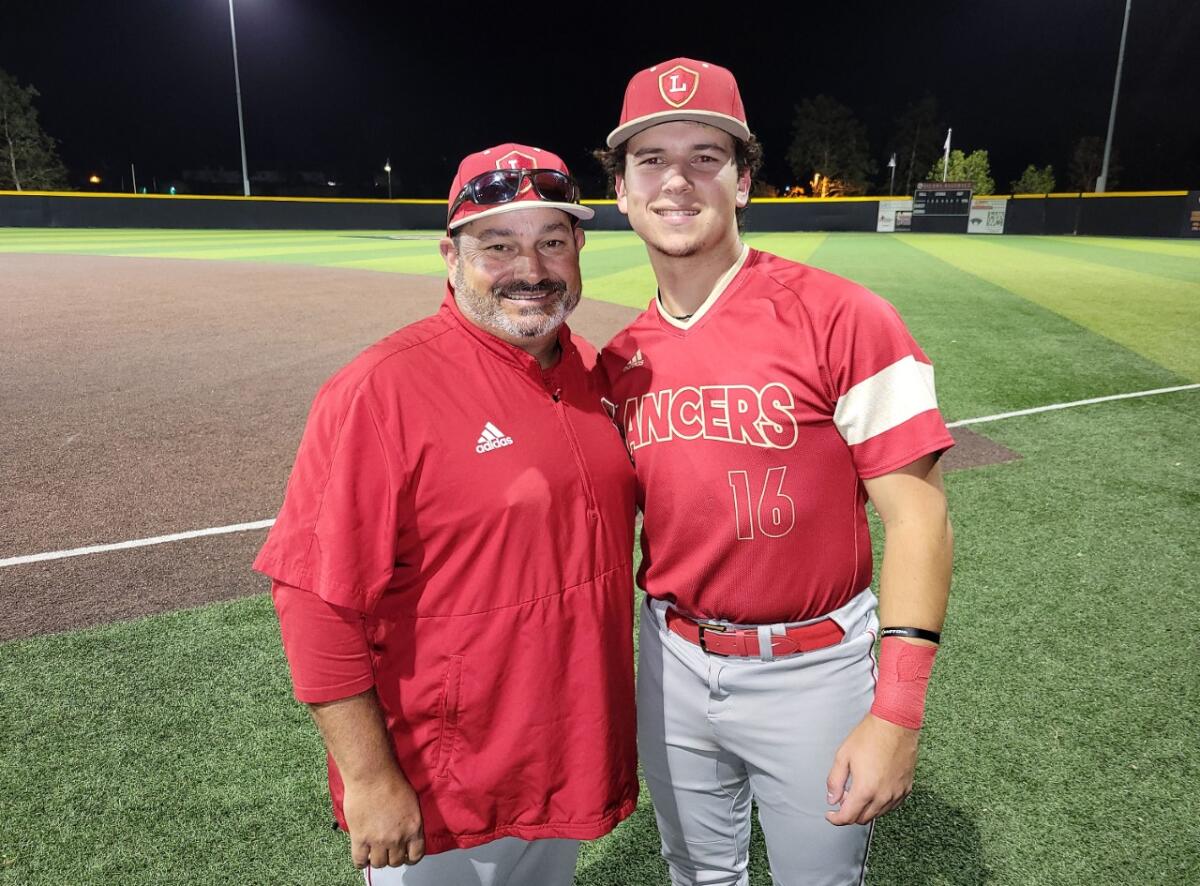 Orange Lutheran coach Eric Borba (left) and his son, third baseman Casey Borba, who is now at Texas.