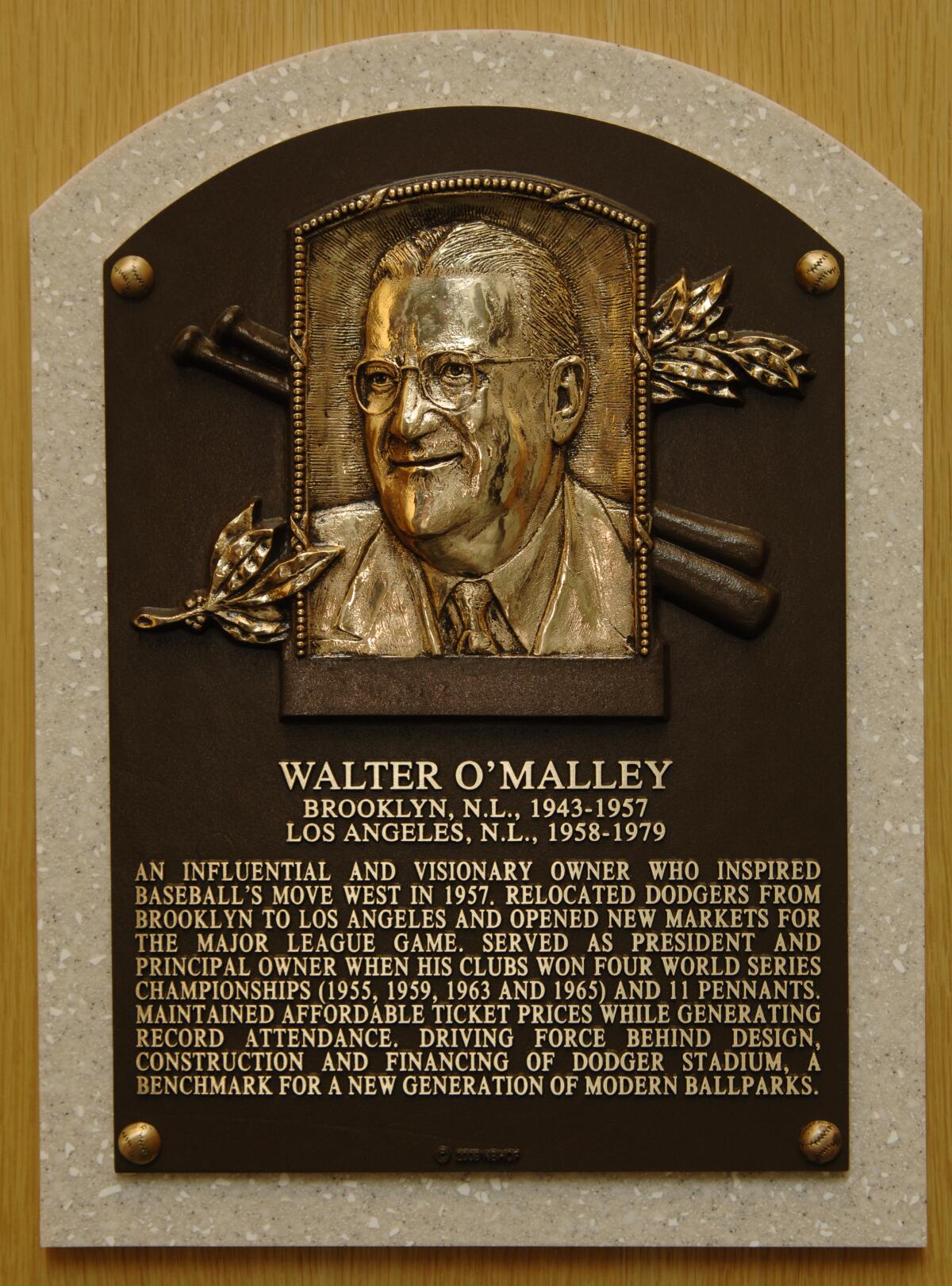 Walter O'Malley's plaque at the National Baseball Hall of Fame and Museum