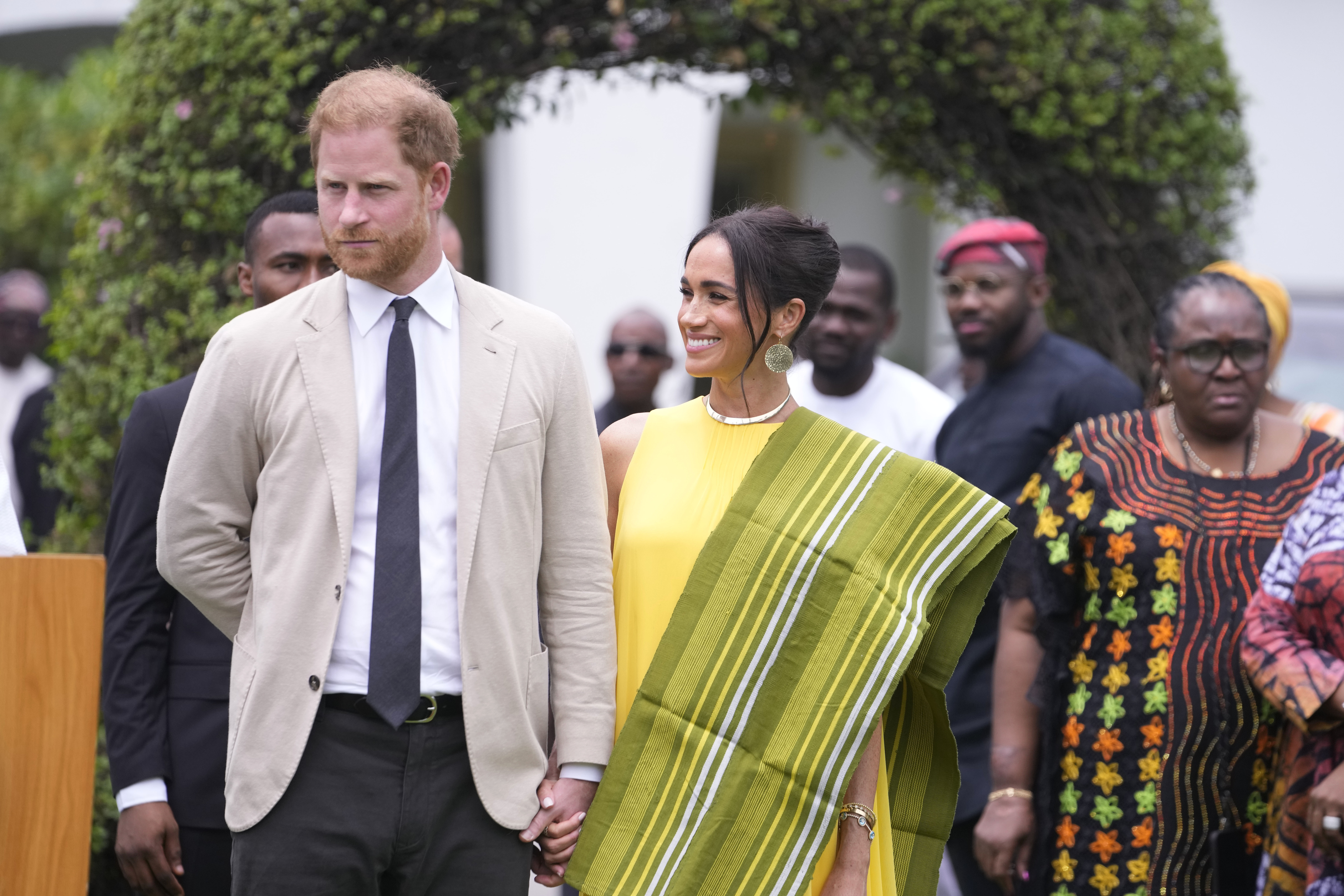 Prince Harry and Meg, pictured here during a trip to Nigeria in May, will not be jetting over to the UK this weekend