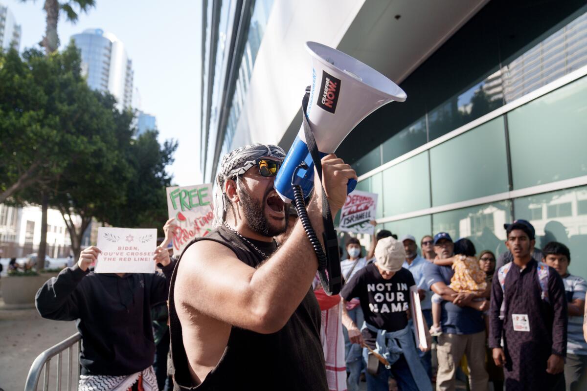 Pro-Palestinian protesters outside Saturday's Biden campaign fundraiser in downtown Los Angeles.