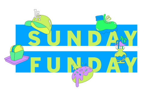 sunday funday infobox logo with spot illustrations in blue, yellow, and green