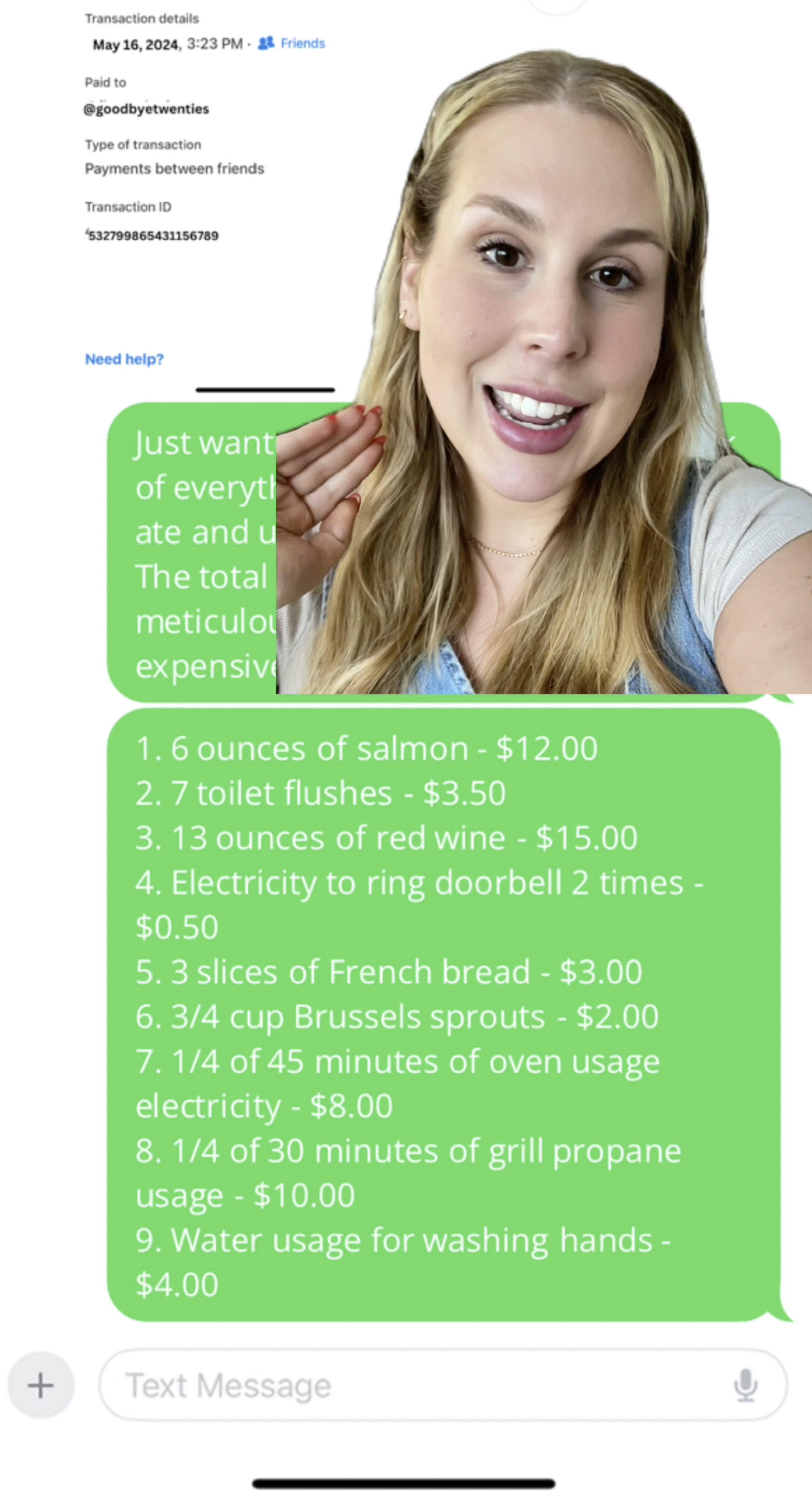 A text exchange shows how she itemized everything from fish to French bread, as well as water usage and electricity