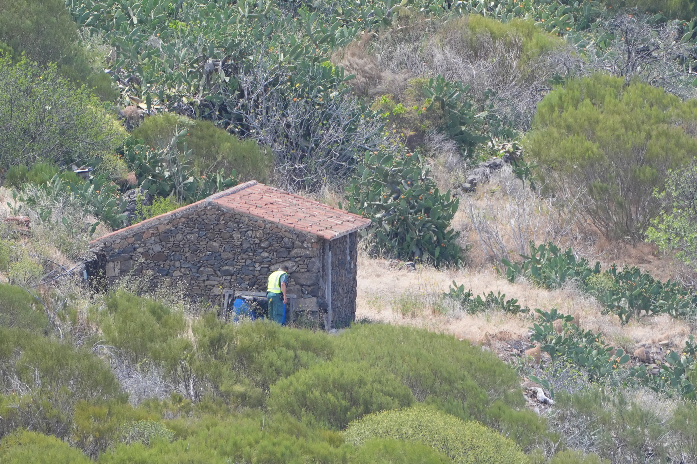 Spanish cops peer inside blue barrels next to a rural outbuilding