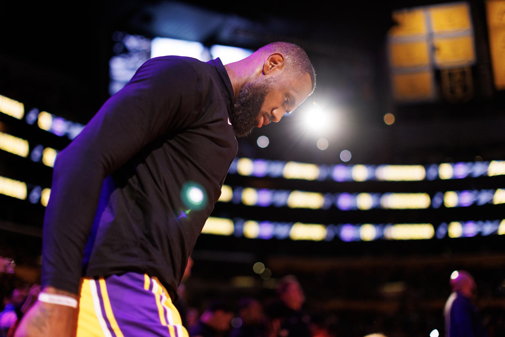 Lakers star LeBron James is introduced before a game against the Detroit Pistons on Feb. 13.