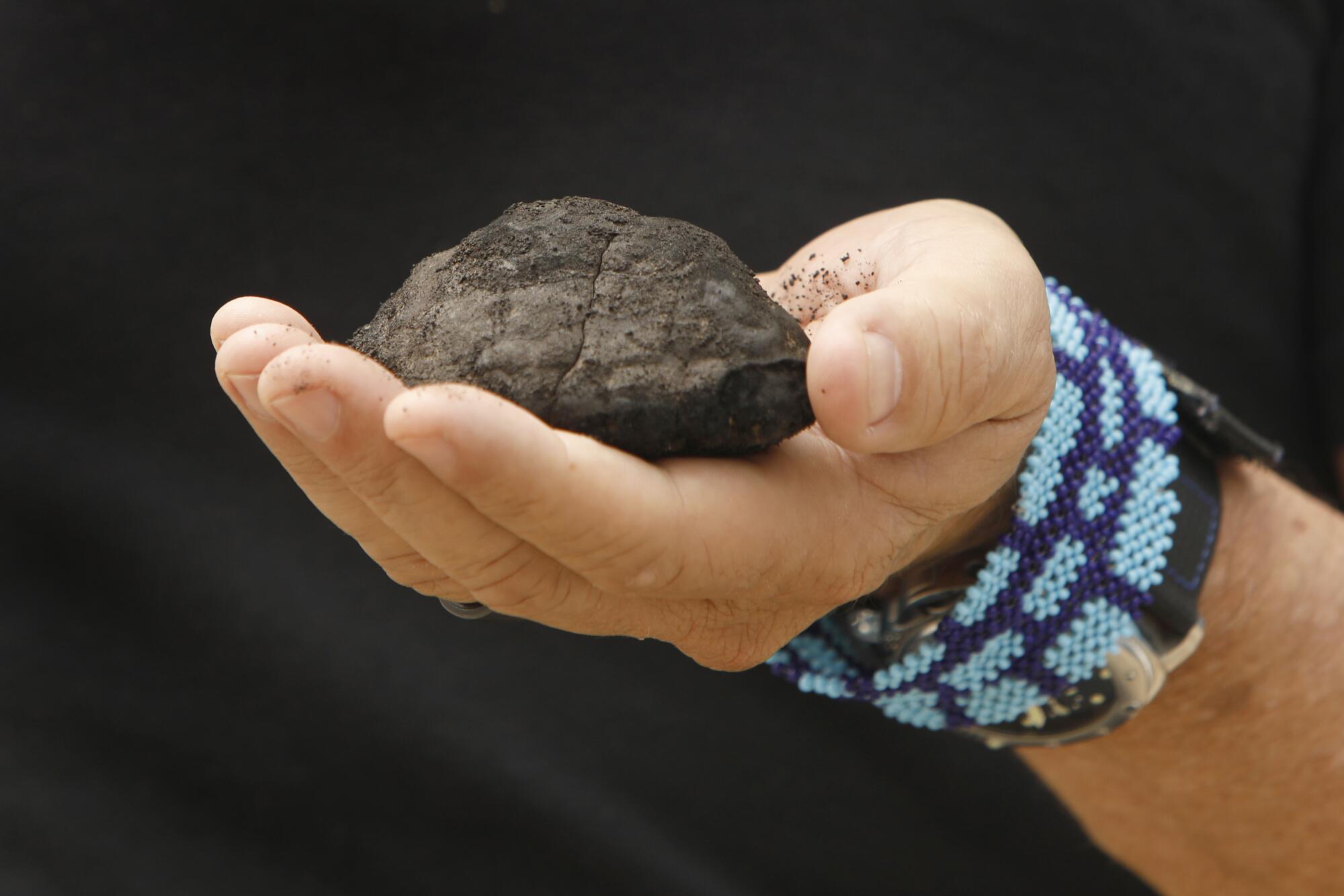 A dark rock rests in the palm of someone's hand. 