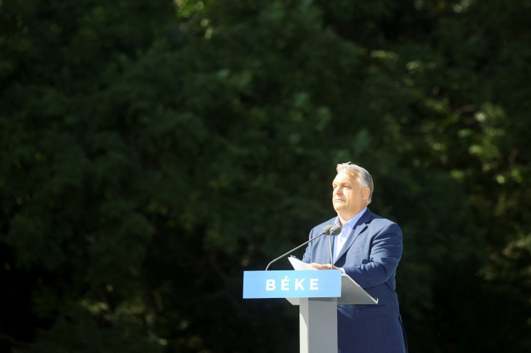 Hungarian Prime Minister Viktor Orban delivers a speech during a pro-government rally, named 'Peace March', a week ahead of elections across the European Union, in Budapest, Hungary, June 1, 2024. REUTERS/Bernadett Szabo