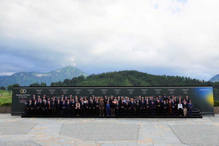 Swiss Federal President Viola Amherd, Ukrainian President Volodymyr Zelenskiy, U.S. Vice President Kamala Harris, Canadian Prime Minister Justin Trudeau, European Commission President Ursula von der Leyen, European Council President Charles Michel, British Prime Minister Rishi Sunak, French President Emmanuel Macron, German Chancellor Olaf Scholz, Dutch Prime Minister Mark Rutte, Portuguese President Marcelo Rebelo de Sousa, Croatian Prime Minister Andrej Plenkovic, Greek Prime Minister Kyriakos Mitsotakis, Czech President Petr Pavel, Chilean President Gabriel Boric, Argentinian President Javier Milei, Spanish Prime Minister Pedro Sanchez, Polish President Andrzej Duda and other leaders pose for a family photo, on the day of the opening ceremony of the Summit on Peace in Ukraine at the Buergenstock Resort in Stansstad near Lucerne, Switzerland, June 15, 2024. REUTERS/Denis Balibouse TPX IMAGES OF THE DAY