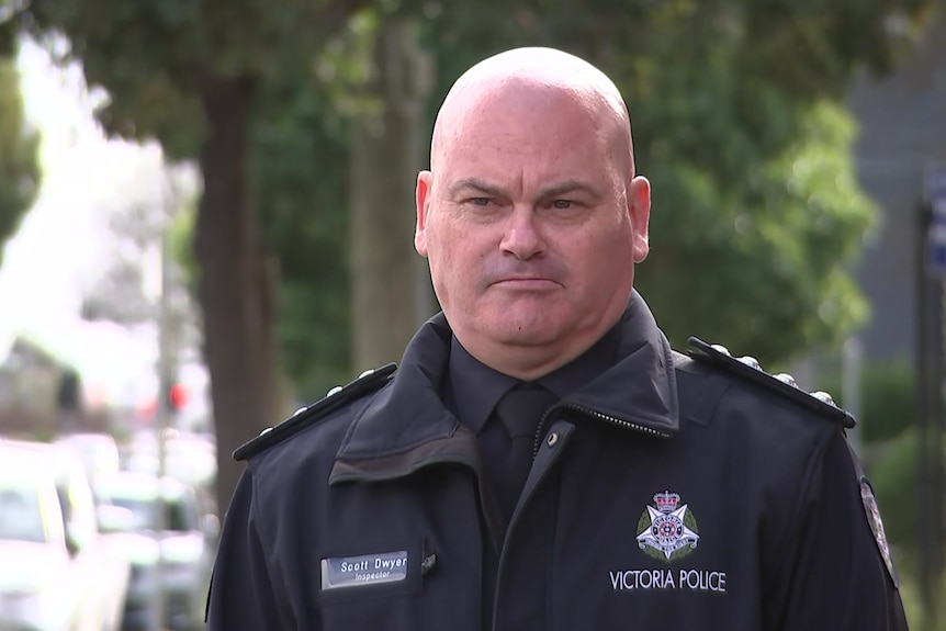 Victoria Police Inspector Scott Dwyer, pictured speaking outside Moorabbin police station.