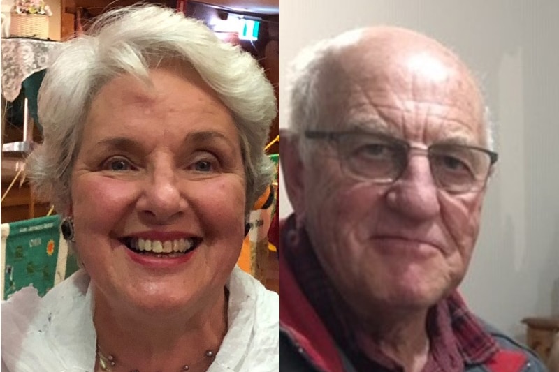 A composite image of an older man and an older woman smiling.