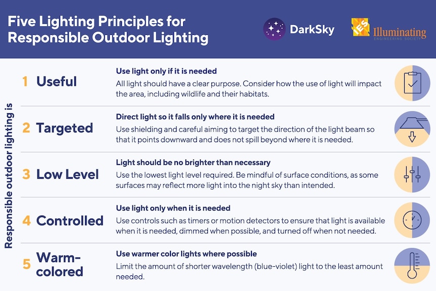 A list states ways to reduce light pollution.