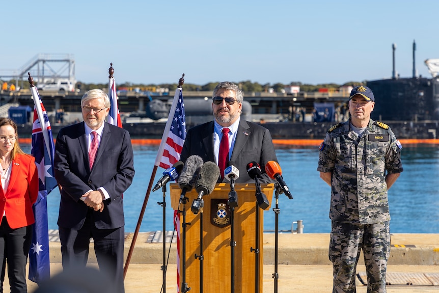 Abe Denmark addresses media at Fleet Base West, Rockingham, WA