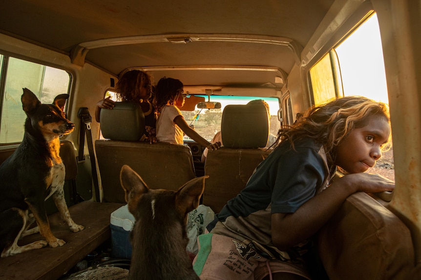 A girl pokes her head out of a landcruiser 