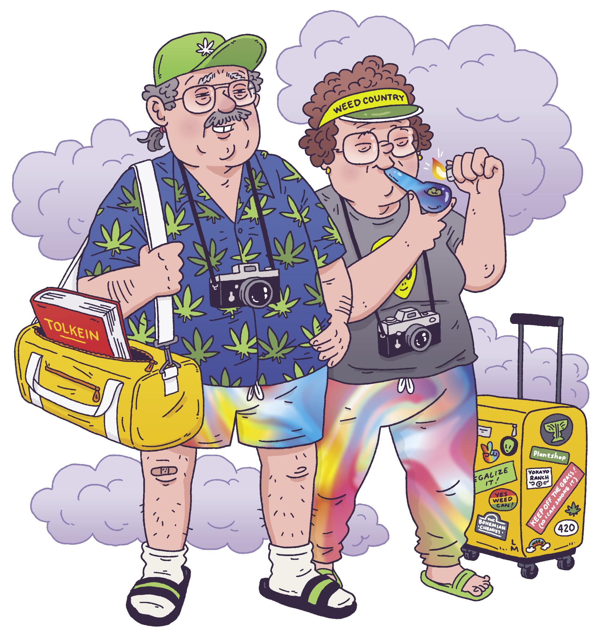 Illustration of elderly couple smoking marijuana