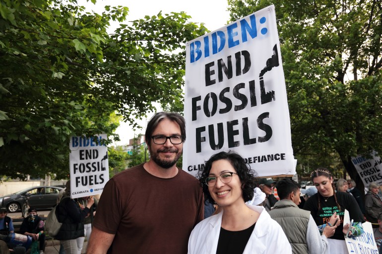 Abramoff, Kalmus, members of Scientist Rebellion, and other activists from across the country answer the call from Climate Defiance to shutdown the White House Correspondents dinner, calling on the Biden administration to end fossil fuels (2023)