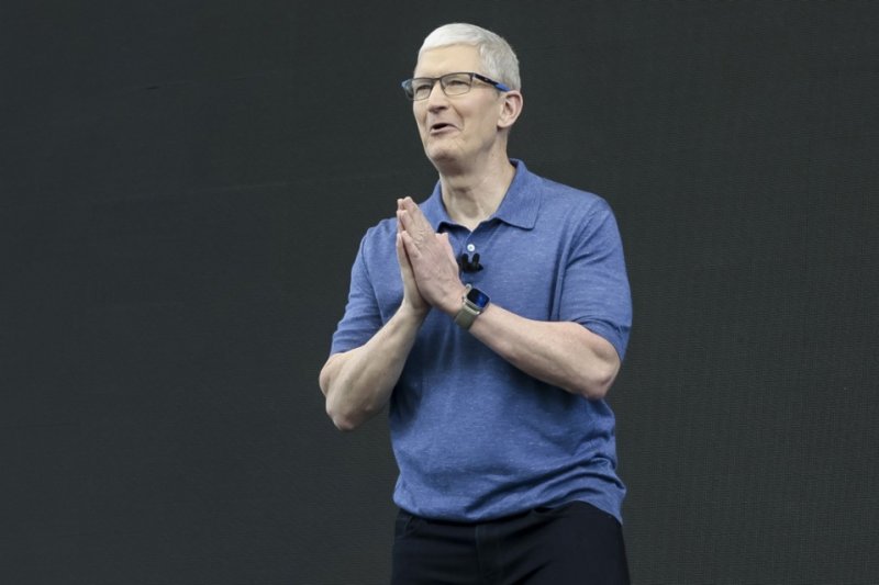 Apple CEO Tim Cook on Monday speaks during the 2024 Apple Worldwide Developers Conference on the campus of Apple Park in Cupertino, Calif. Photo by John G. Mabanglo/EPA-EFE