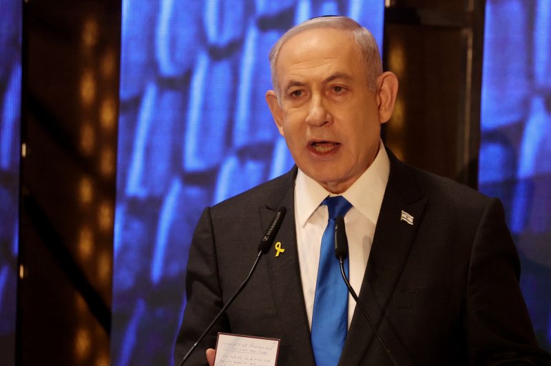 Israeli Prime Minister Benjamin Netanyahu attends a ceremony marking Memorial Day for fallen soldiers of Israel's wars and victims of attacks at Jerusalem's Mount Herzl military cemetery on May 13, 2024. Israel marks Memorial Day to commemorate fallen soldiers and victims of attacks recorded since 1860 by the defence ministry, just before the celebrations of the 75th anniversary of its creation according to the Jewish calendar. Pool photo by Gil Cohen-Magen/UPI