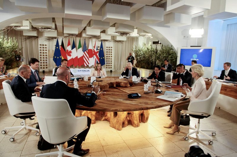 G7 leaders met in Italy Thursday as they work to reach an agreement on a plan to use frozen Russian funds to support Ukraine. Photo by Donato Fasano/EPA-EFE
