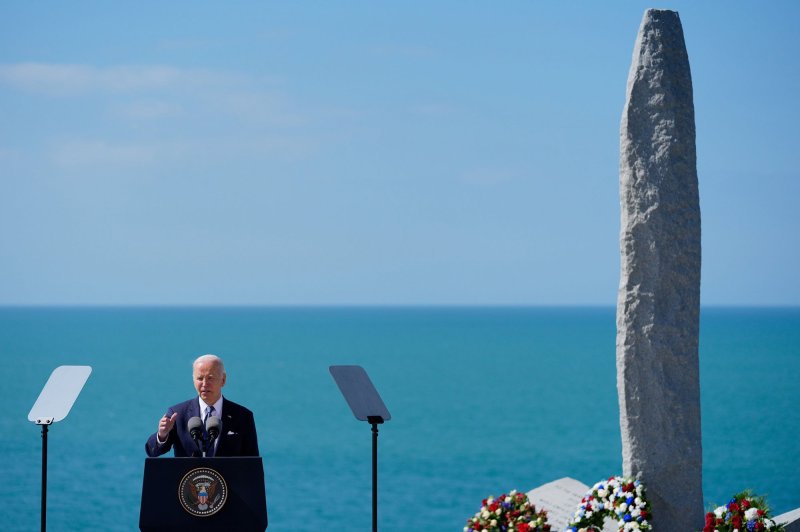 U.S. President Joe Biden delivers a speech in front of the monument on the "Pointe du Hoc" clifftop in Cricqueville-en-Bessin, in northwestern France, on Friday as part of the D-Day commemorations marking the 80th anniversary of the World War II Allied landings in Normandy. Photo by U.S. Embassy France/UPI