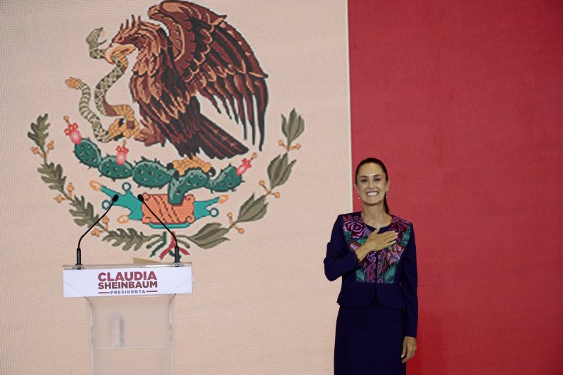 Mexico's presidential candidate Claudia Sheinbaum reacts during a press conference after the general elections in Mexico City, Mexico, on Sunday. Sheinbaum, a climate scientist and former mayor of Mexico City, is to be Mexico's first woman president after she obtained between 58.3 and 60.7 % of the votes during the electoral night, according to the preliminary results announced by the National Electoral Institute. Photo by Jose Mendez/EPA-EFE