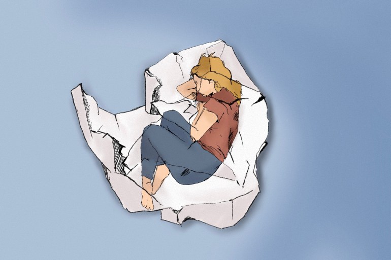 An illustration depicts a woman lying like a crumpled up piece of paper on the floor