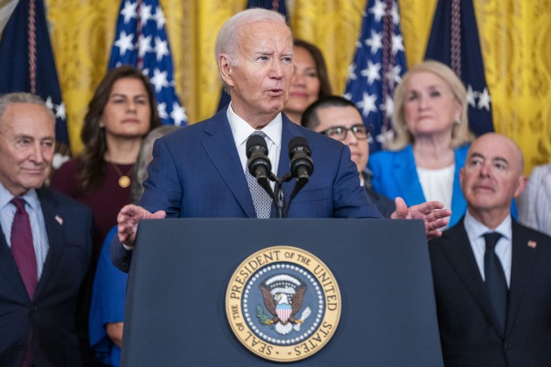 President Joe Biden delivers remarks during the DACA 12th Anniversary event in the East room of the White House in Washington, D.C., on Tuesday. Photo by Shawn Thew/UPI