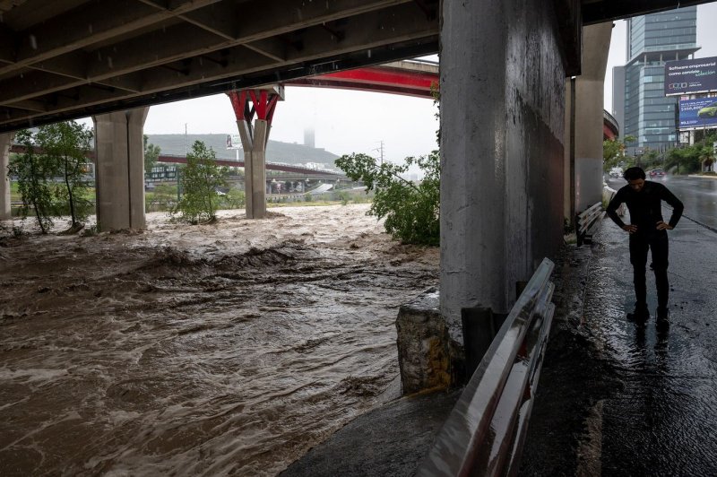 The Santa Catarina River from rainfall from the passage of the storm in Monterrey, Nuevo Leon, Mexico, Thursday. Photo by Miguel Sierra/EPA-EFE