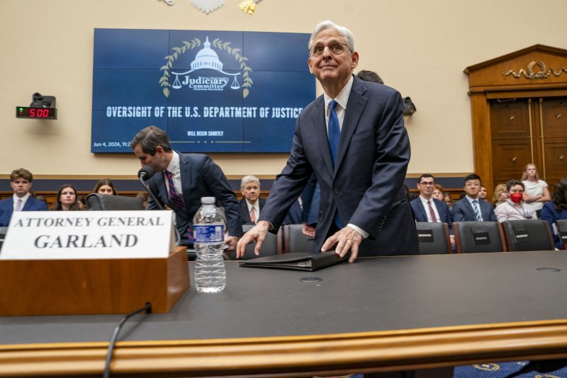 The Justice Department said Attorney General Merrick Garland's refusal to answer a congressional subpeona "did not constitute a crime." File Photo by Ken Cedeno/UPI