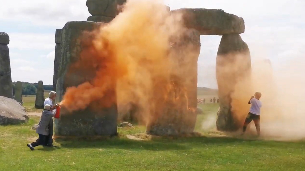 Just Stop Oil protesters sprayed Stonehenge's sacred stones with orange powder on Wednesday