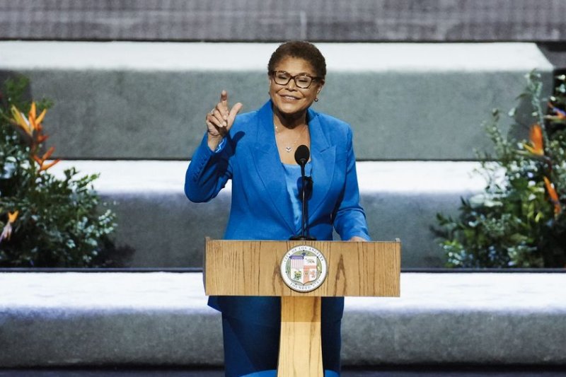 Los Angeles Mayor Karen Bass ordered additional patrols around a prominent Los Angeles synagogue after violence outside of it on Sunday. File Photo by Eric Thayer/UPI