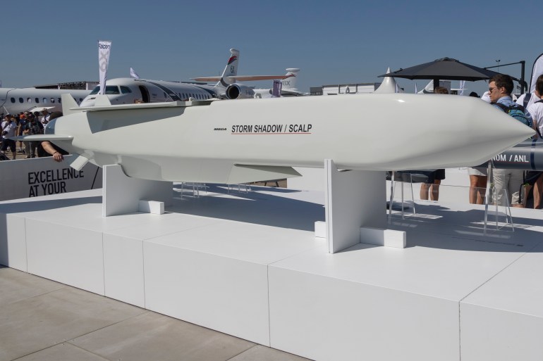 A SCALP EG / STORM SHADOW low-observable, long-range air-launched cruise missile, an air to surface weapon from the European manufacturer MBDA at the company's booth at International Paris Air Show 2023 in Le Bourget Airport. The SCALP-EG long Range Autonomous Cruise Missile System carries a warhead with a unit cost around 2.500.000 USD. Paris, France on June 2023 (Photo by Nicolas Economou/NurPhoto via Getty Images)