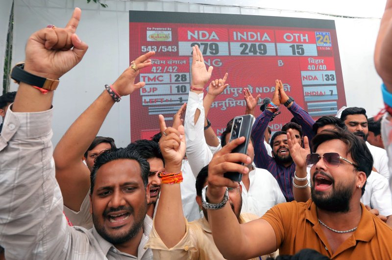 Indian National Congress Party supporters celebrate Tuesday as they watch live election updates at Congress headquarters in New Delhi. Initial results in show the ruling coalition headed by Prime Minister Narendra Modi's Bharatiya Janata Party ahead in 244 seats but with the Congress-led opposition gaining ground with around 100 seats. Photo by Harish Tyagi/EPA-EFE