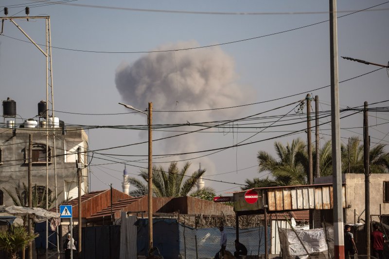 Smoke rises following an airstrike on Rafah, southern Gaza Strip, on June 2, 2024. Photo by Haitham Imad/EPA-EFE