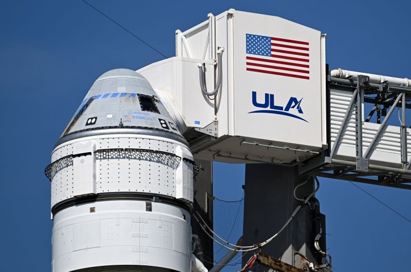 The Boeing Starliner spacecraft sits on top of a ULA Atlas V rocket as it is being prepared to launch from Complex 41 at the Cape Canaveral Space Force Station on Saturday. Photo by Joe Marino/UPI