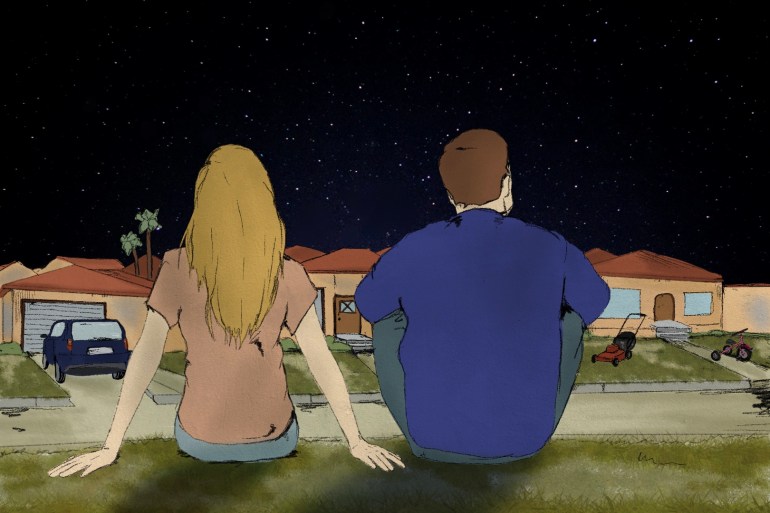 An illustration depicts a woman and a man seen from behind sitting side-by-side on the grass. In front of them are some single-storey houses. There are stars in the dark sky