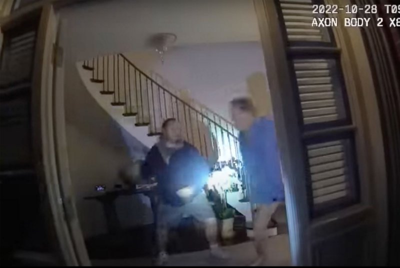 The San Francisco Police Department released video footage recorded on police-issued body-worn cameras and a home security camera of the October 28, 2022, home invasion and attack on Paul Pelosi, husband of then-House Speaker Nancy Pelosi, by David DePape, a Canadian national. The video footage shows the DePape grasping a hammer, suddenly striking Pelosi, and both men falling to the floor as police officers rushed to subdue the attacker. Photo via San Francisco Police Department/UPI