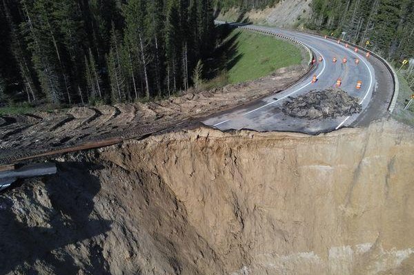 A huge chunk of highway in Wyoming that connects Jackson to nearby communities gave way in a landslide. Photo courtesy of Wyoming Department of Transportation/Facebook