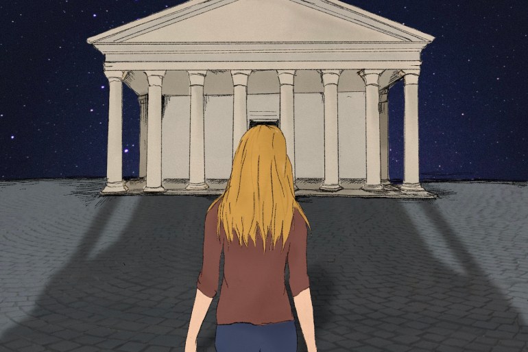 An illustration depicts a woman, seen from behind, standing in front of a building with tall columns. The sky is dark