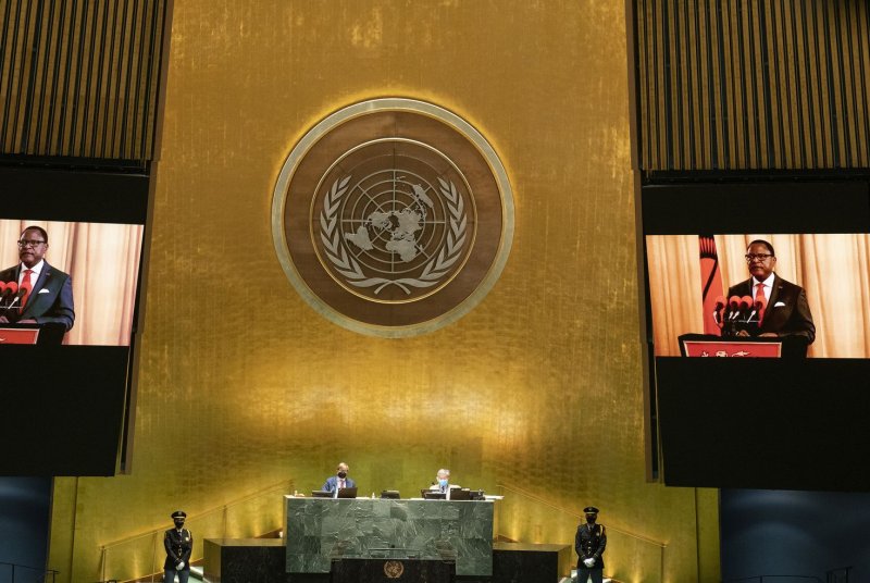 Malawi's President Lazarus Chakwera remotely addresses the UN General Assembly's 76th session in September 2021 at the United Nations' headquarters in New York City. Chakwera on Monday canceled a Bahamas trip in the wake of a likely aircraft crash carrying Malawi's vice president. File Photo by Eduardo Munoz/UPI