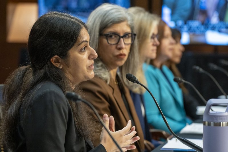 Nisha Verma, MD, MPH, Fellow, Physicians for Reproductive Health, left, testified Tuesday before the Senate HELP Committee hearing on "The Assault on Women's Freedoms: How Abortion Bans Have Created a Health Care Nightmare Across America" on Capitol Hill in Washington, D.C., saying "90% of abortions in this country occur in the first trimester." Photo by Ken Cedeno/UPI