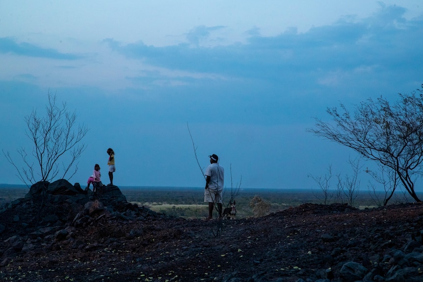 Man and kids look over blue toned skyline in front of a burnt bushland. 
