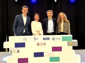 (L-R) Mathieu BERTHOUD, Strategic Sourcing Director, CARBIOS; Vibeke KROHN, Head of TOMRA Textiles;Emmanuel LADENT, CEO, CARBIOS; Mari Larsen SÆTHER, Recycling Lead, TOMRA Textiles